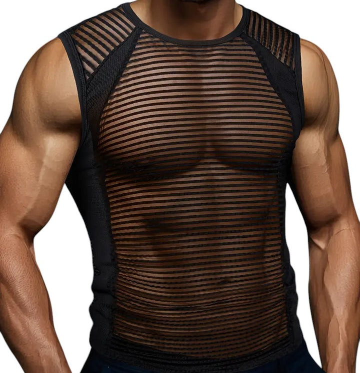 Transparentes, gestreiftes Shirt für Männer – ideal für Clubwear, Festivals oder selbstbewusste Sommer-Looks.