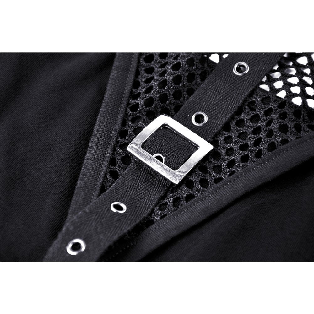 Schwarzes Crop Top „Waiting for the Night“ mit Netz-Einsätzen,  Schnalle und Bändern – verführerischer, rebellischer Look für Club und Alltag | mySecretKey