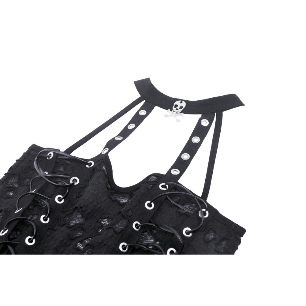 Schwarzes Neckholder-Top „But not tonight“ mit zerschlissenen Details, Cut-Outs und verstellbarer Frontschnürung – sinnlicher Grunge-Style mit Punk-Attitüde von mySecretKey