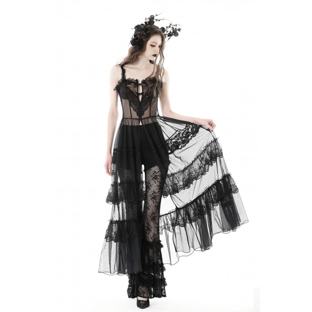 Gothic Sexy Maxi Dress aus transparentem Mesh mit Herz-Detail und Lagen aus Spitze – sinnliches Party- und Cluboutfit mit romantisch-düsterer Gothic-Note.