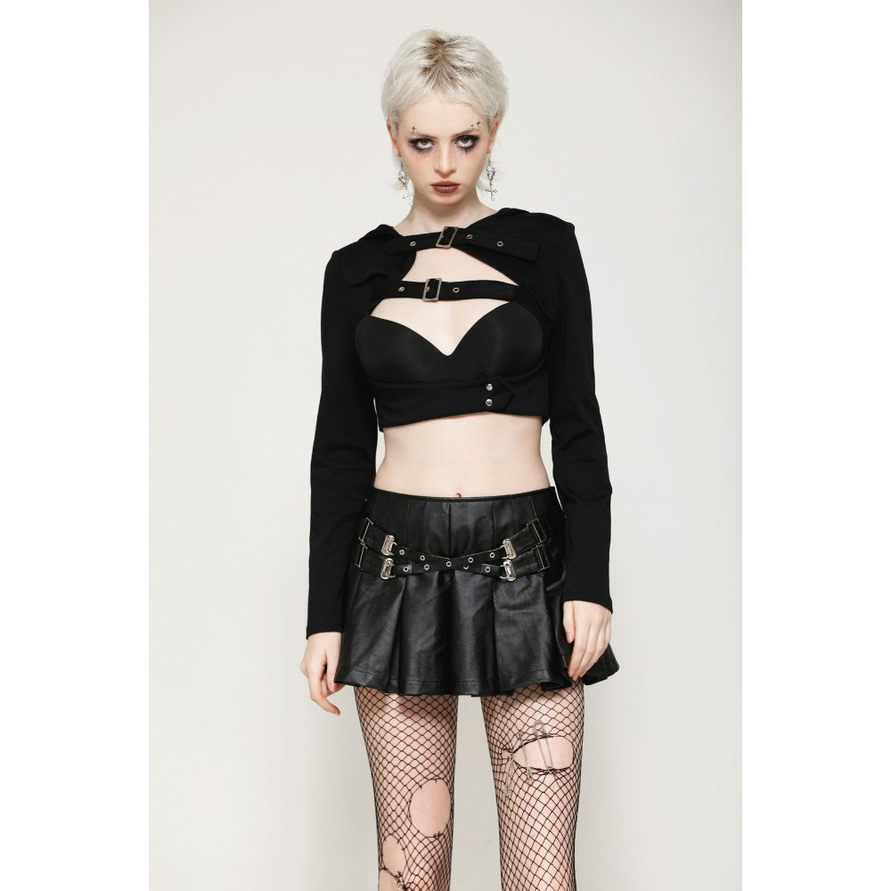 Rebel Pleats – Schwarzer Minirock aus Kunstleder mit Schnallen