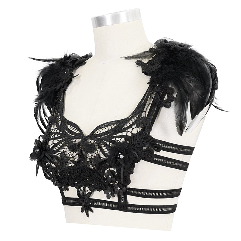 Eva Lady – Gothic Guipure Spitzen-Top mit abnehmbaren Federn