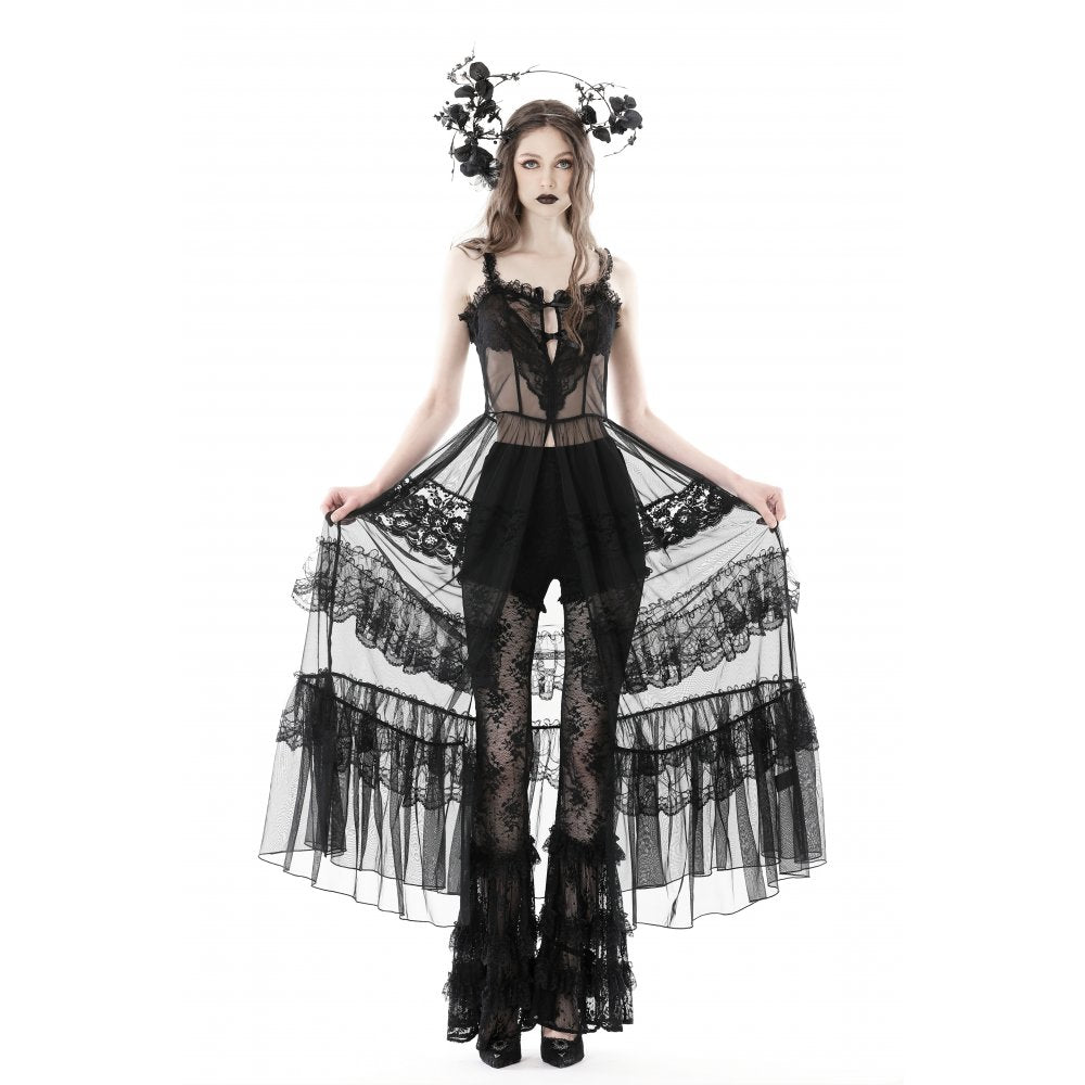Gothic Sexy Maxi Dress – Transparentes Mesh mit Herz-Detail & Spitzenlagen