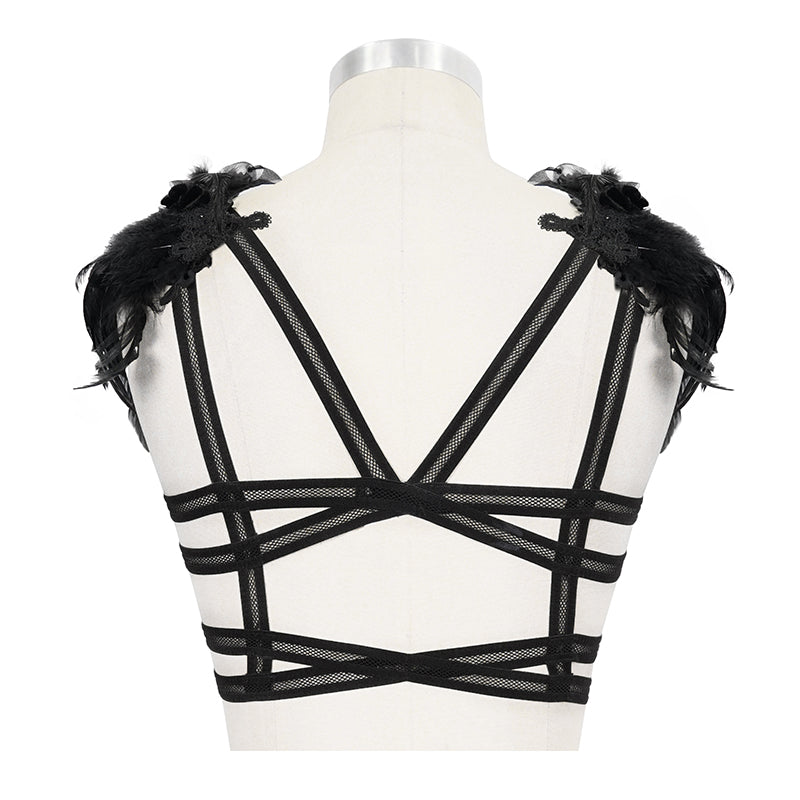 Eva Lady – Gothic Guipure Spitzen-Top mit abnehmbaren Federn
