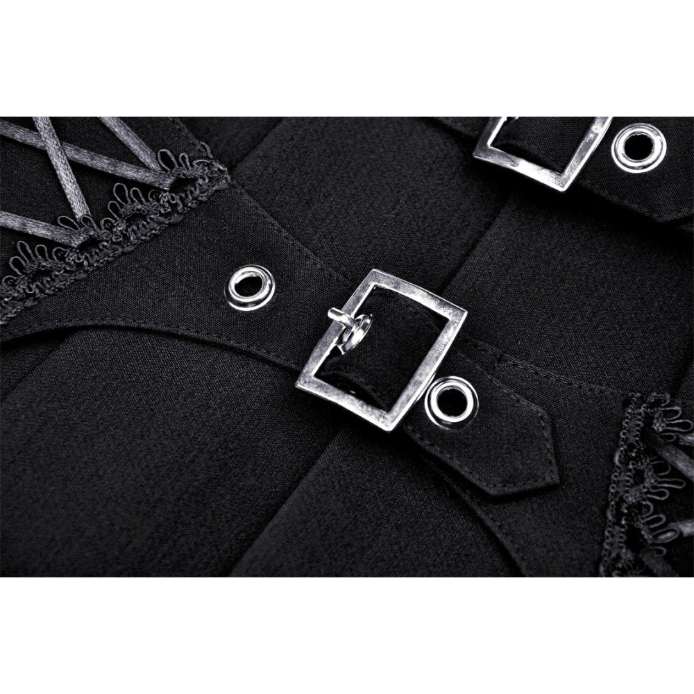 Schwarzer Faltenrock mit Corset-Schnürdetails, integrierten Straps und silbernen Metallschnallen – ausdrucksstarkes Gothic- und Bondage-inspiriertes Club- und Partyoutfit mit modernem Twist.