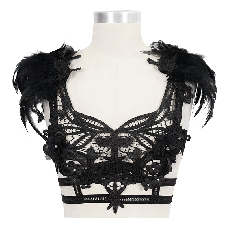 Eva Lady – Gothic Guipure Spitzen-Top mit abnehmbaren Federn