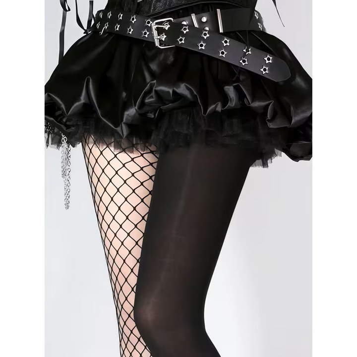 Asymmetrische Gothic-Punk Netzstrumpfhose – Mix aus Samt & Fischernetz