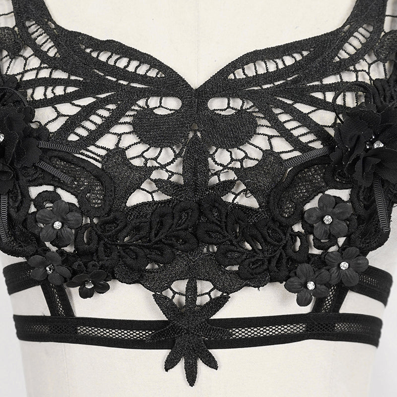 Eva Lady – Gothic Guipure Spitzen-Top mit abnehmbaren Federn