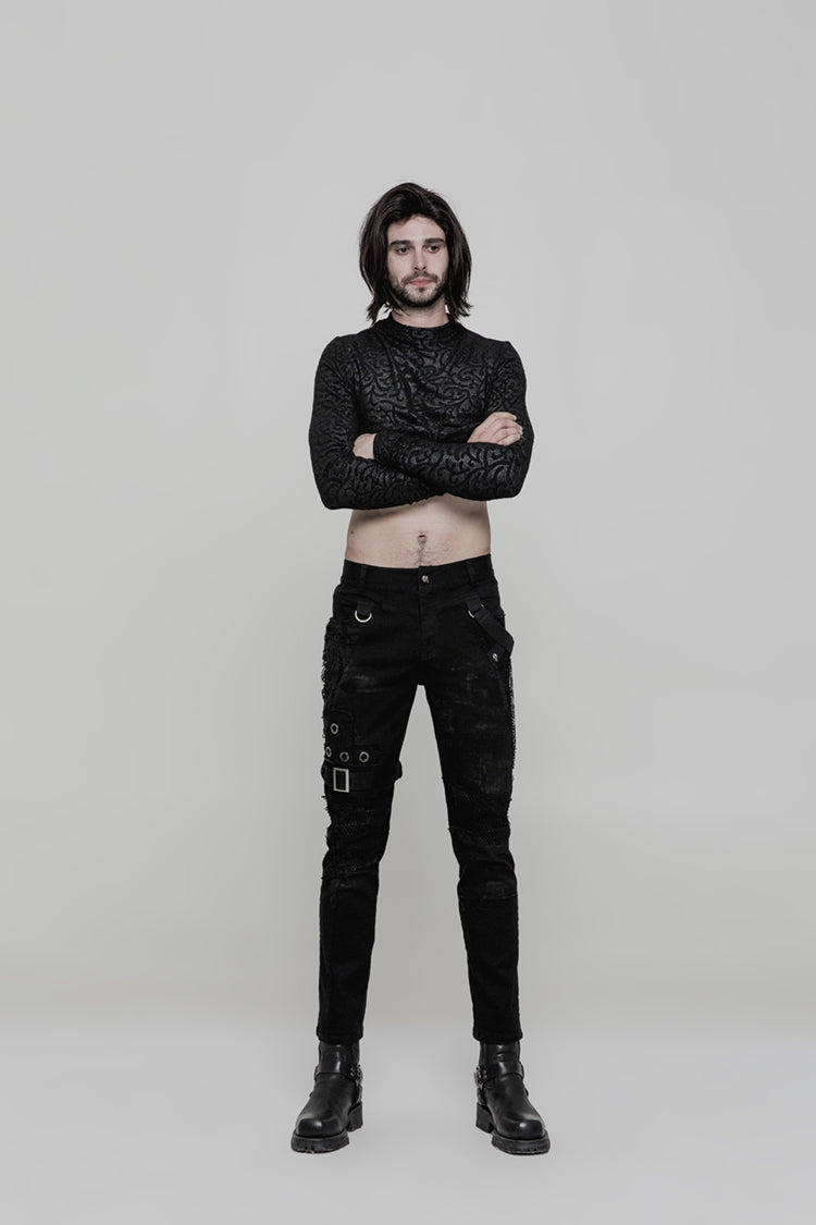 Figurbetonende Punkhose mit Nieten, Riemen und Distressed Details