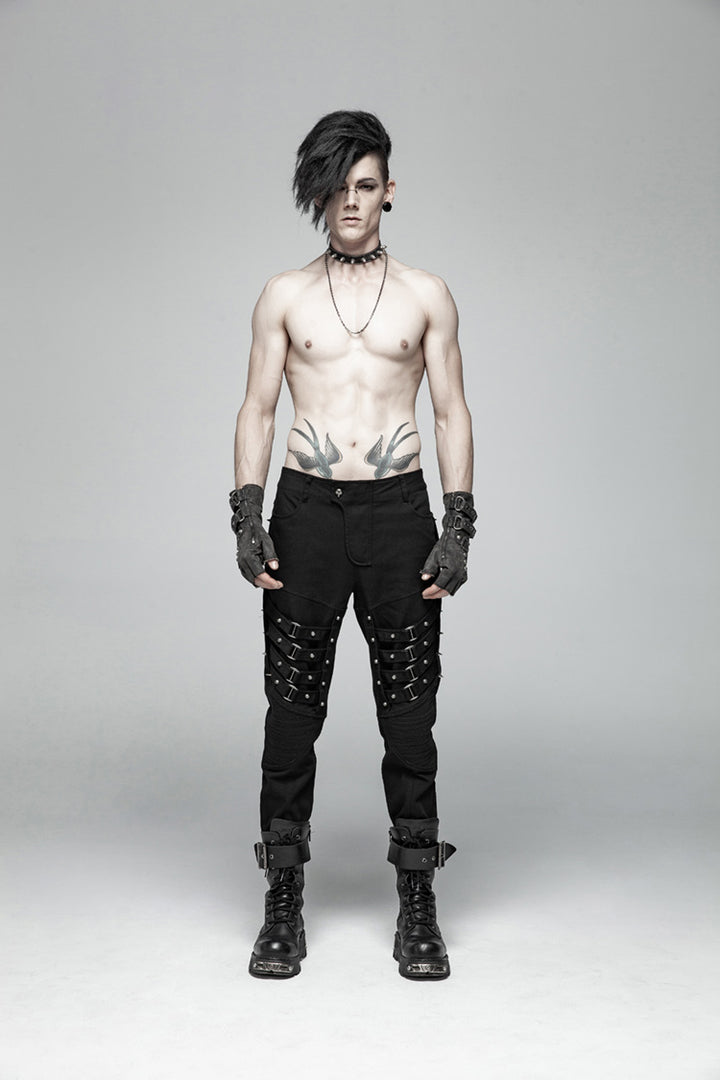 Punk Rave – WK-357 Fetish-inspirierte Industrial Herrenhose mit Harness-Riemen, Nieten & Metal-Spikes in Schwarz