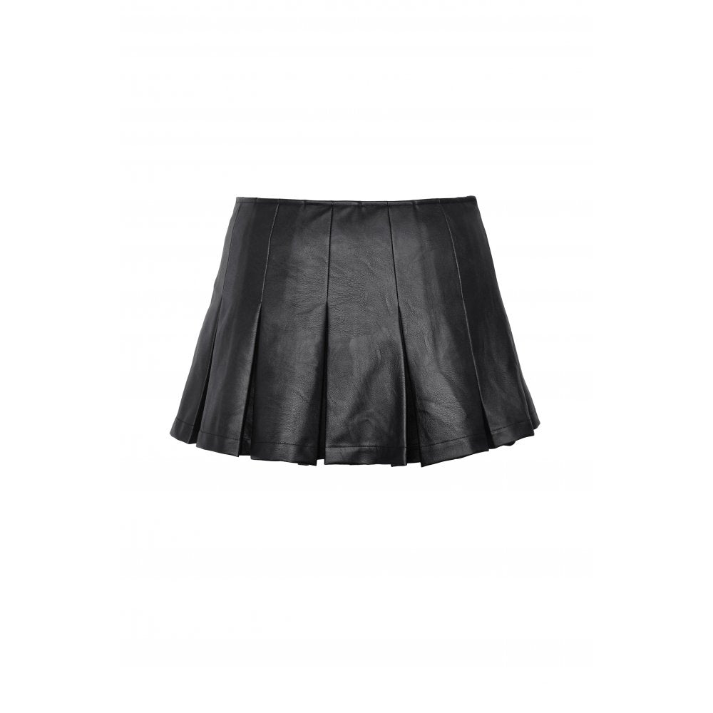 Rebel Pleats – Schwarzer Minirock aus Kunstleder mit Schnallen
