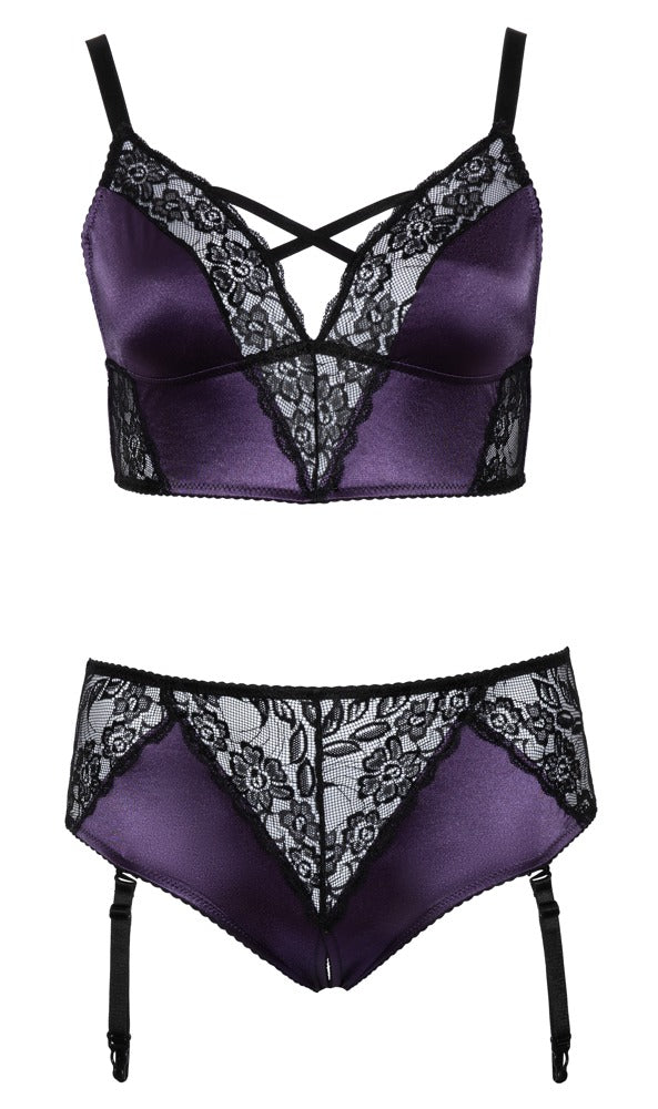 Bralette &amp; open suspender briefs – satin meets lace