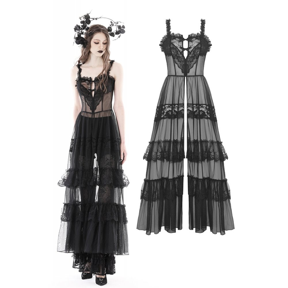 Gothic Sexy Maxi Dress aus transparentem Mesh mit Herz-Detail und Lagen aus Spitze – sinnliches Party- und Cluboutfit mit romantisch-düsterer Gothic-Note.