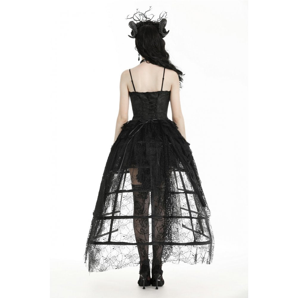 Langer Reifrock mit gerafftem Tüll und Spinnenweben-Optik – dramatisches Partyoutfit mit Gothic-Note, perfekt für Clubnächte, Halloween und extravagante Auftritte.