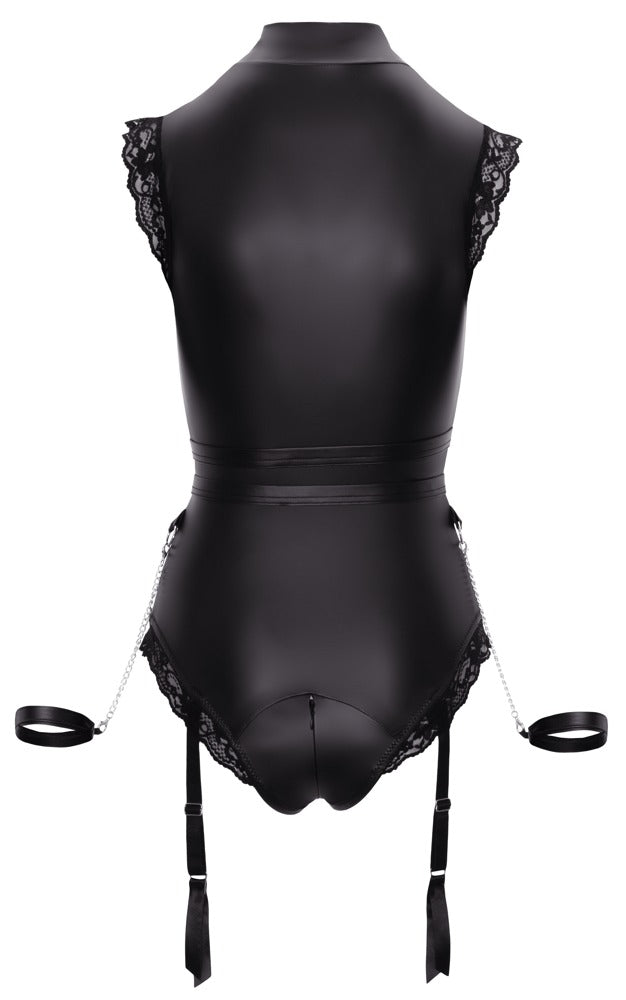 Matte-look bodysuit with harness, zippers, and lace – sensual. Variable.