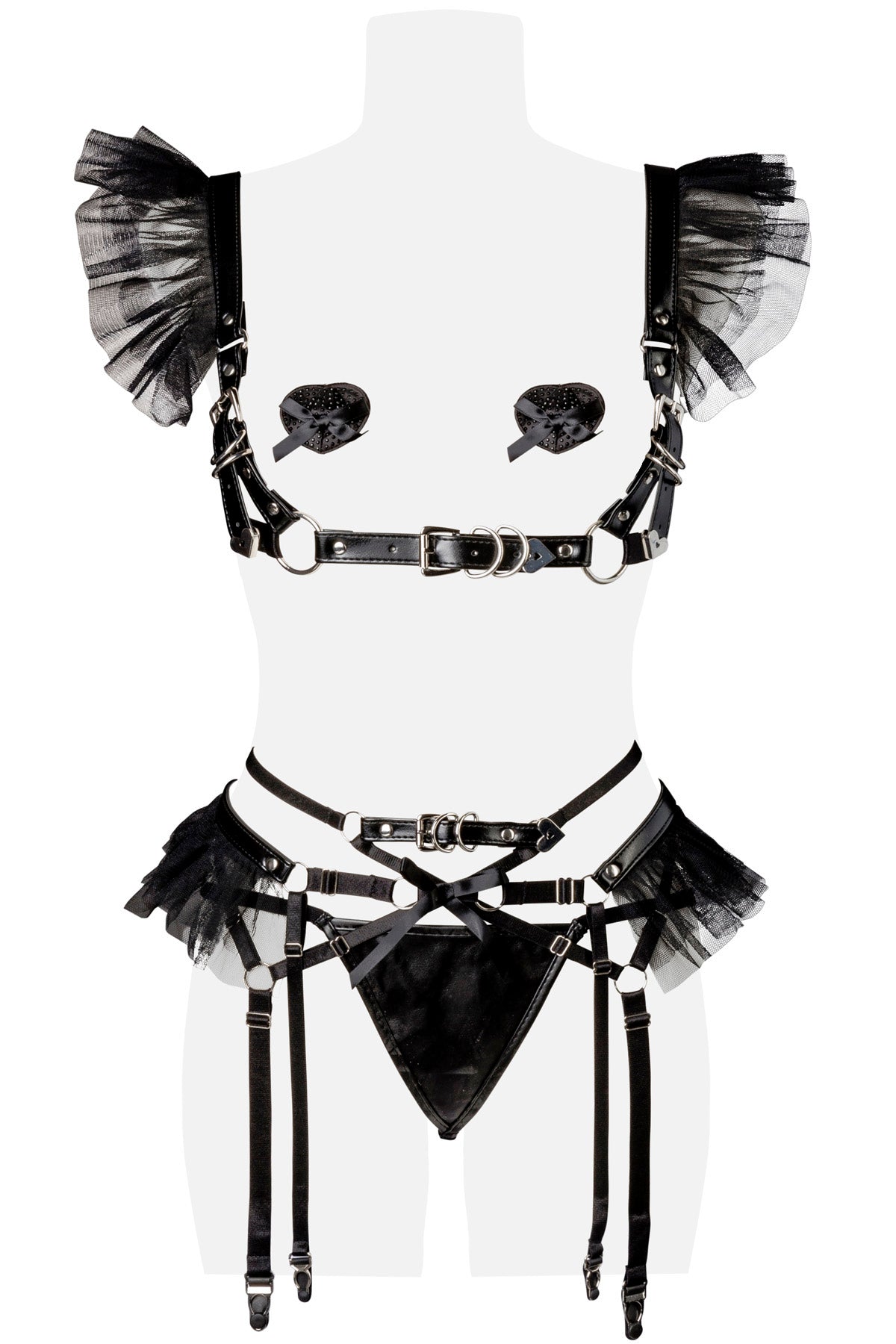 Erotisches Set bestehend aus Holster, String, Strapsgürtel, Tüllärmeln und Nippel-Patches flach fotografiert
