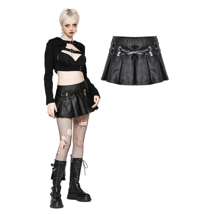 Rebel Pleats – Schwarzer Minirock aus Kunstleder mit Schnallen