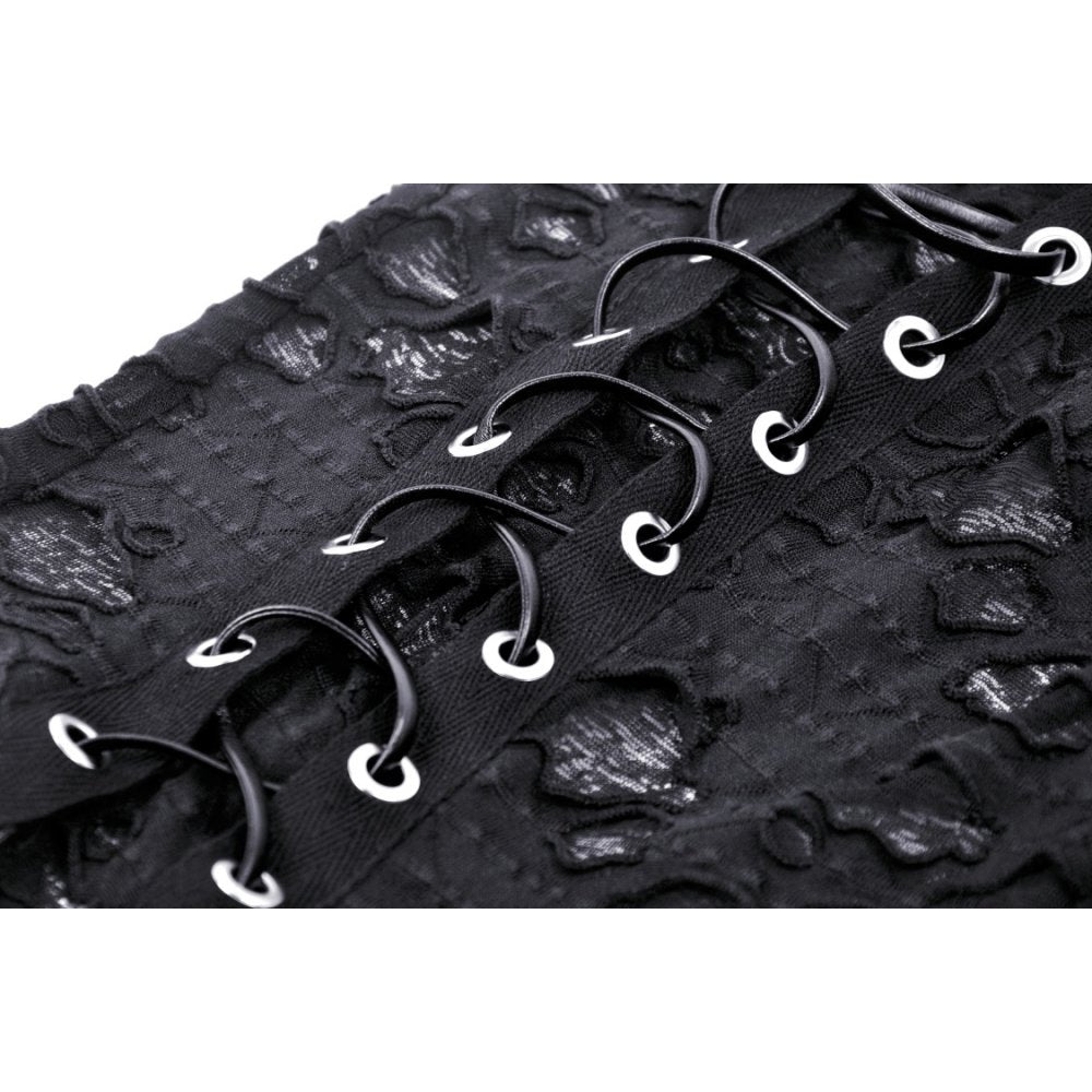 Schwarzes Neckholder-Top „But not tonight“ mit zerschlissenen Details, Cut-Outs und verstellbarer Frontschnürung – sinnlicher Grunge-Style mit Punk-Attitüde von mySecretKey