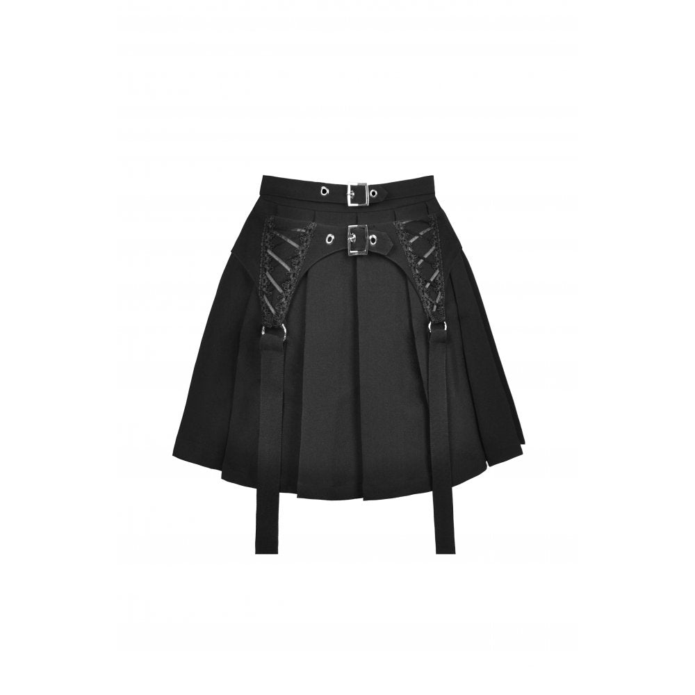 Schwarzer Faltenrock mit Corset-Schnürdetails, integrierten Straps und silbernen Metallschnallen – ausdrucksstarkes Gothic- und Bondage-inspiriertes Club- und Partyoutfit mit modernem Twist.