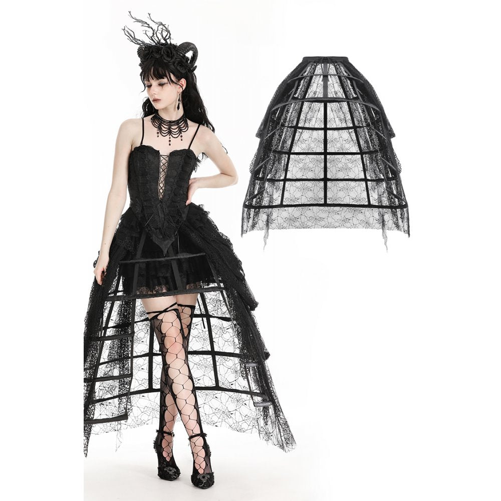 Langer Reifrock mit gerafftem Tüll und Spinnenweben-Optik – dramatisches Partyoutfit mit Gothic-Note, perfekt für Clubnächte, Halloween und extravagante Auftritte.