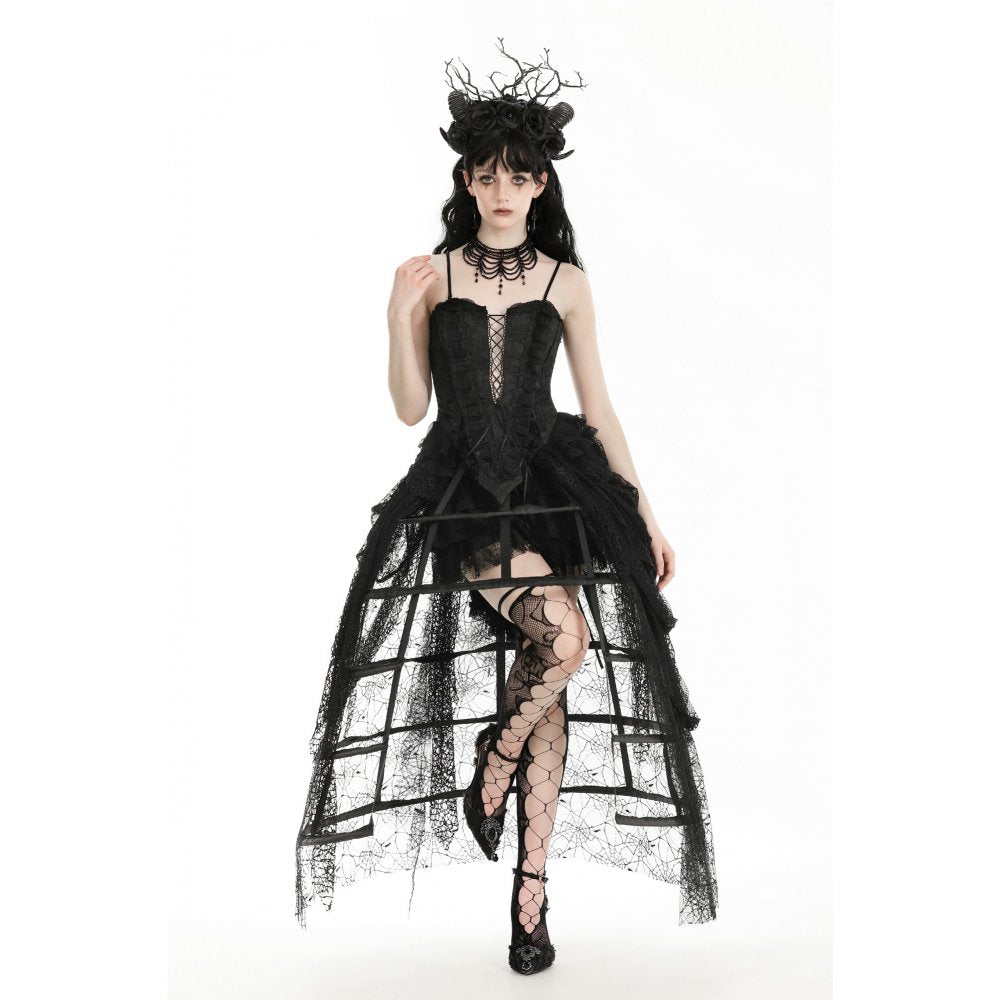 Langer Reifrock mit gerafftem Tüll und Spinnenweben-Optik – dramatisches Partyoutfit mit Gothic-Note, perfekt für Clubnächte, Halloween und extravagante Auftritte.