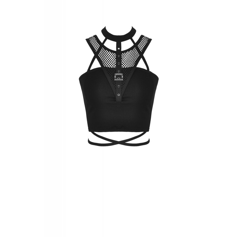 Schwarzes Crop Top „Waiting for the Night“ mit Netz-Einsätzen,  Schnalle und Bändern – verführerischer, rebellischer Look für Club und Alltag | mySecretKey