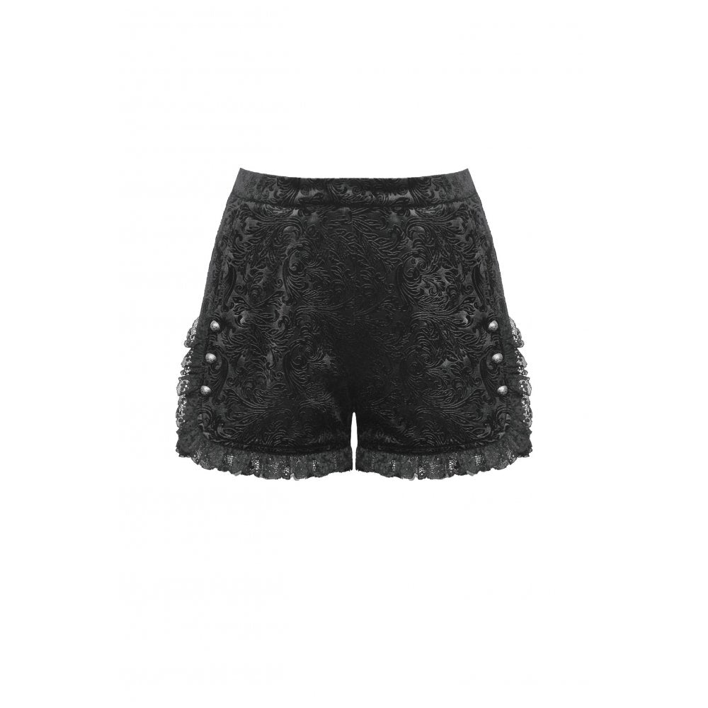 Samtige High-Waist Shorts mit dekorativen Knöpfen und zarter Spitzenverzierung – verführerisches Partyoutfit mit eleganter Gothic-Note, ideal für Clubnächte und alternative Styles.