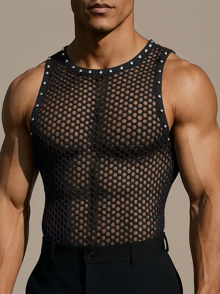 INCERUN Kinky Mesh Tanktop Schwarz – Transparentes Fischnetz mit Nieten-Dekor