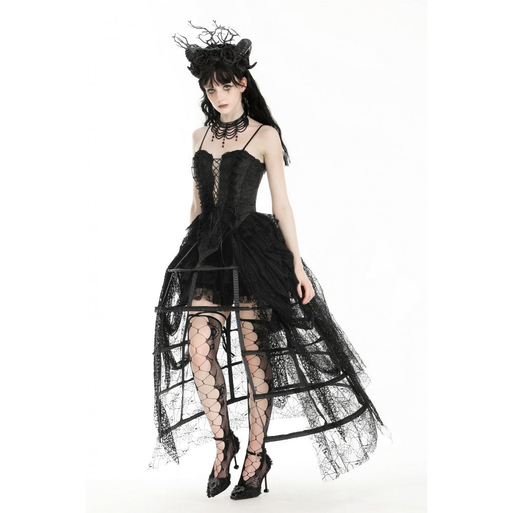 Langer Reifrock mit gerafftem Tüll und Spinnenweben-Optik – dramatisches Partyoutfit mit Gothic-Note, perfekt für Clubnächte, Halloween und extravagante Auftritte.