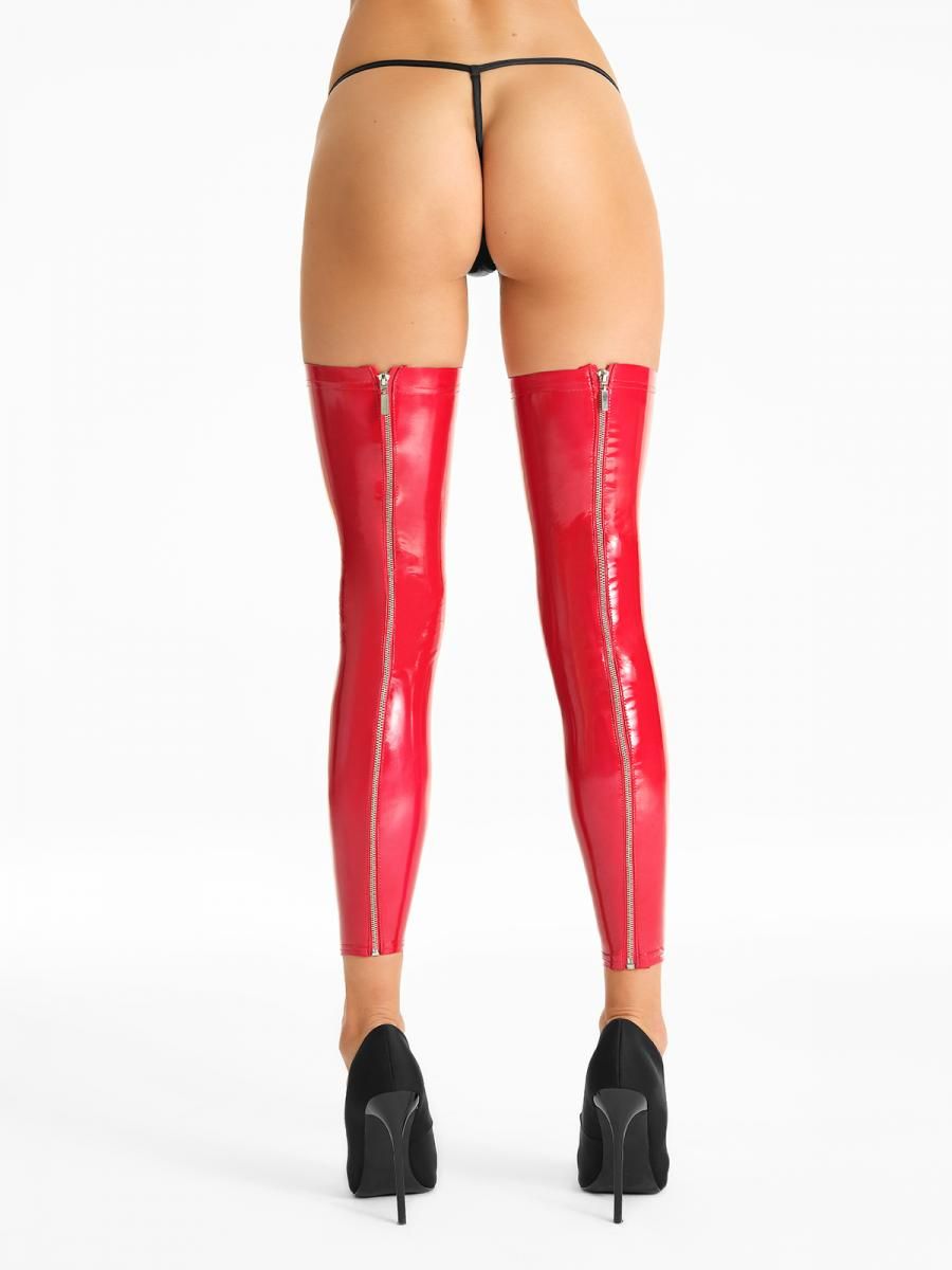 Rote Wetlook-Strümpfe mit praktischem Zipper am Bein