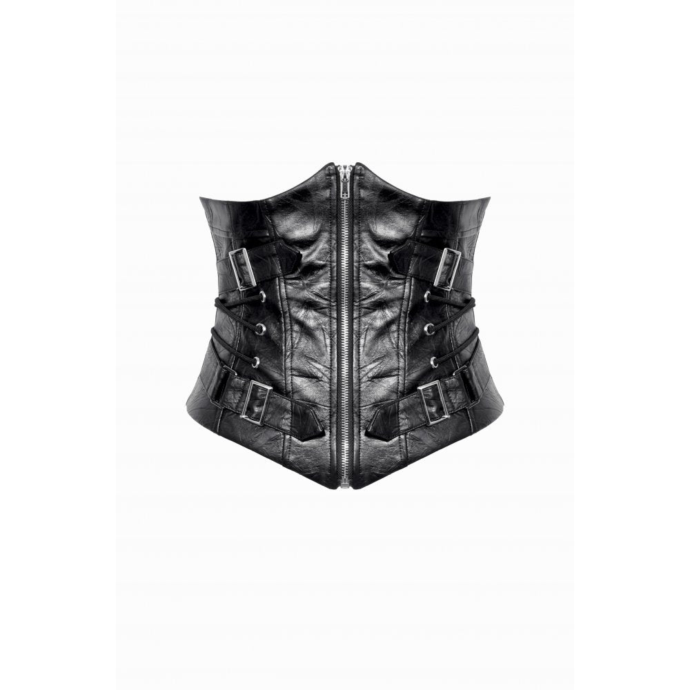Schwarze Taillencorsage mit silbernem Reißverschluss vorne und dekorativen SChnallen und Bändern - mySecretkey
