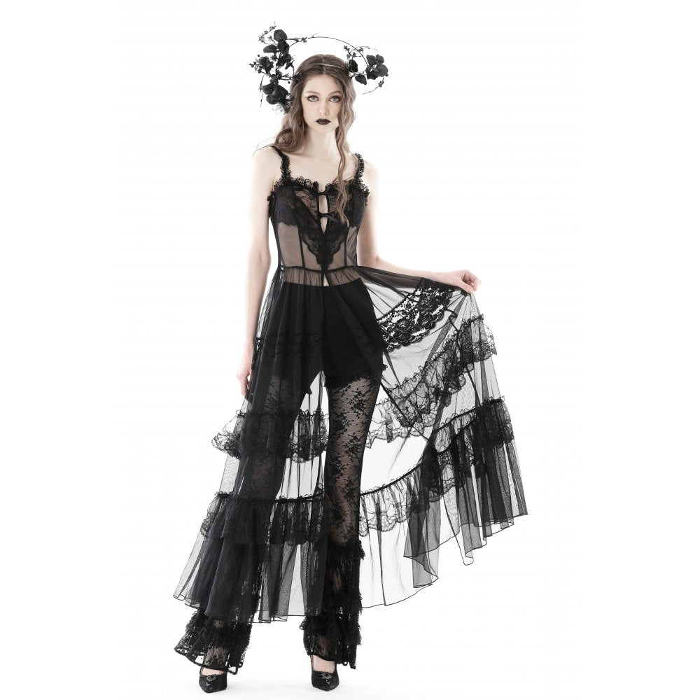 Gothic Sexy Maxi Dress aus transparentem Mesh mit Herz-Detail und Lagen aus Spitze – sinnliches Party- und Cluboutfit mit romantisch-düsterer Gothic-Note.