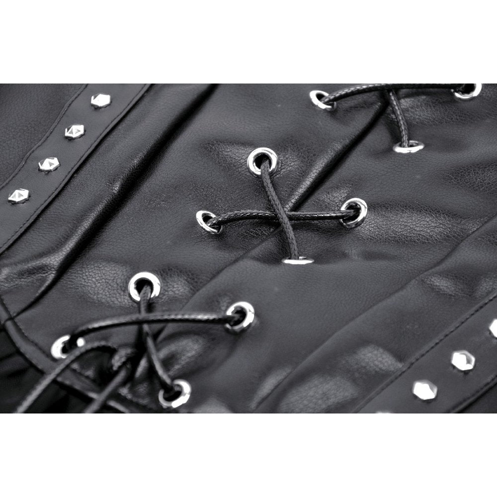 Rockiger Mini aus glänzendem PU-Leder mit Mesh-Volant, Schnürungen, Nieten und Lederstraps – sexy Club-Outfit mit edgy Design, ideal für Partylooks mit Statement Charakter. 