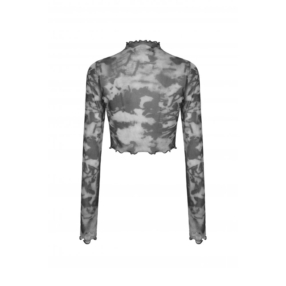 Dark In Love Transparentes Grey Dye Damen Netz-Longsleeve im Batik-Look
