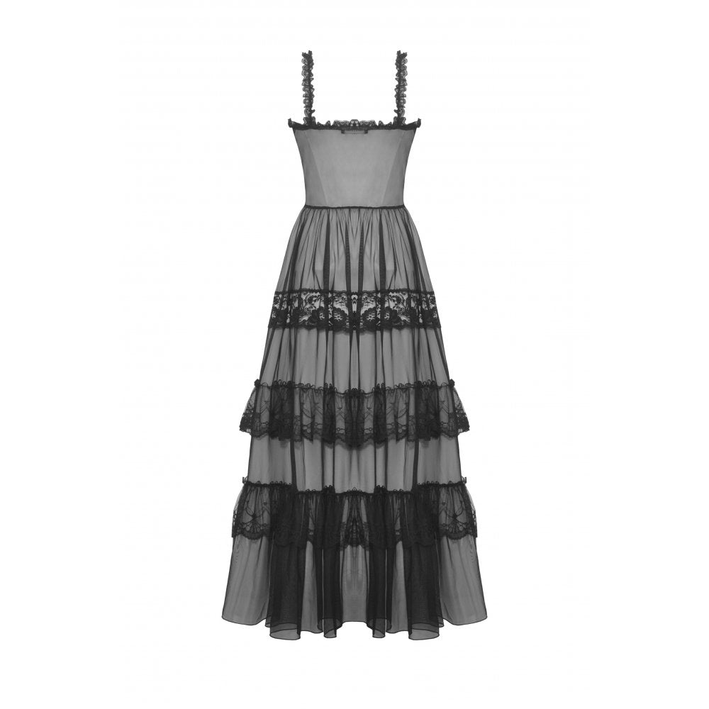 Gothic Sexy Maxi Dress aus transparentem Mesh mit Herz-Detail und Lagen aus Spitze – sinnliches Party- und Cluboutfit mit romantisch-düsterer Gothic-Note.