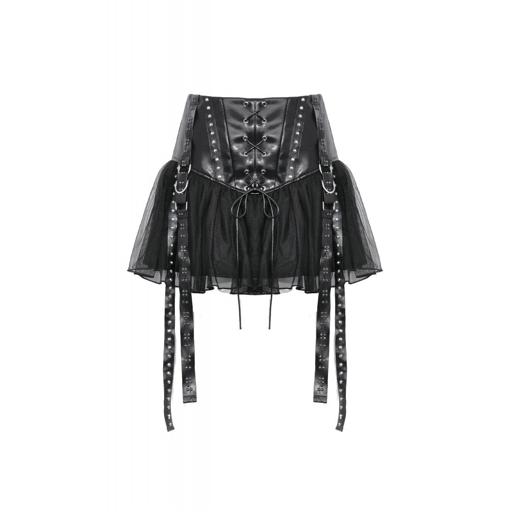 Rockiger Mini aus glänzendem PU-Leder mit Mesh-Volant, Schnürungen, Nieten und Lederstraps – sexy Club-Outfit mit edgy Design, ideal für Partylooks mit Statement Charakter. 