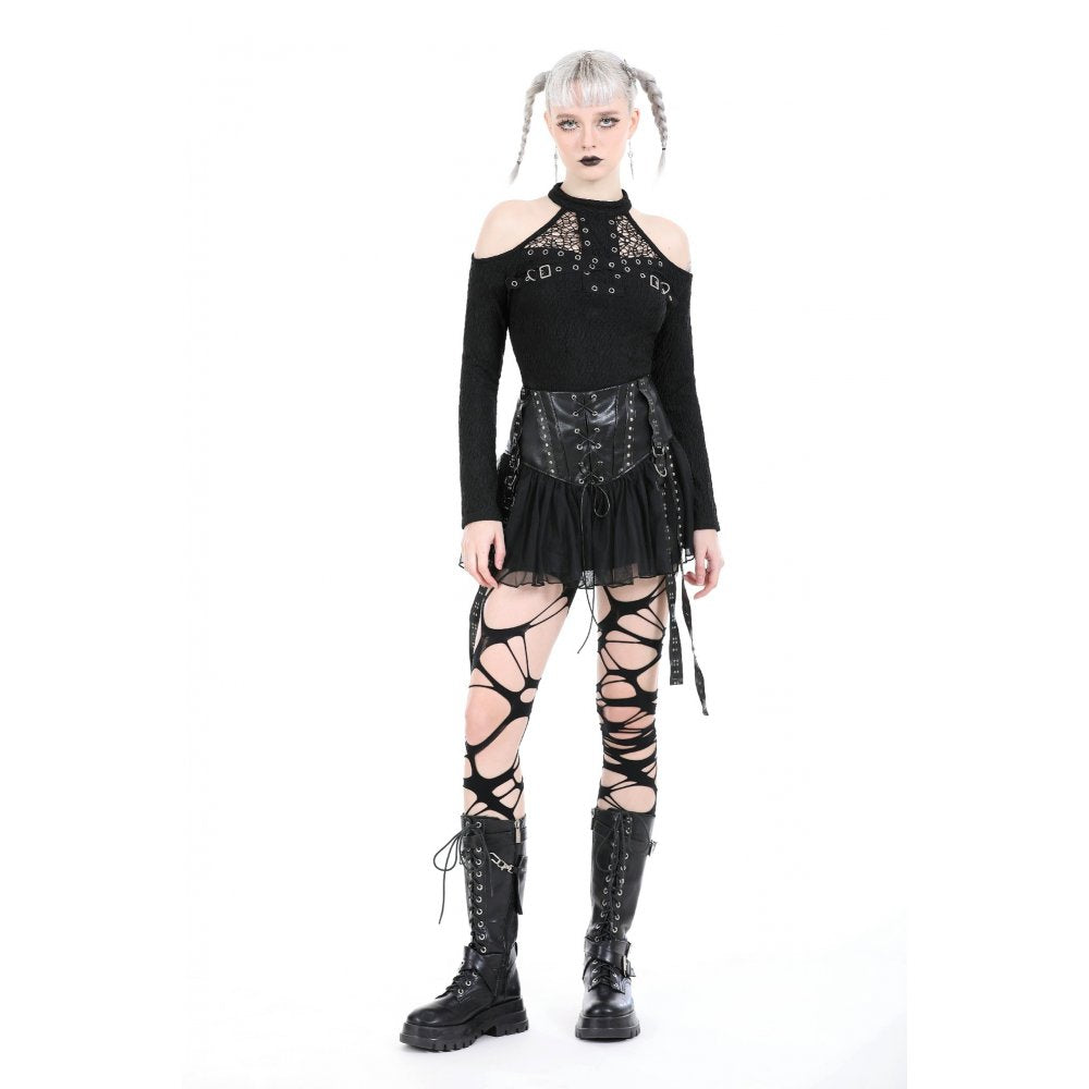 Rockiger Mini aus glänzendem PU-Leder mit Mesh-Volant, Schnürungen, Nieten und Lederstraps – sexy Club-Outfit mit edgy Design, ideal für Partylooks mit Statement Charakter. 