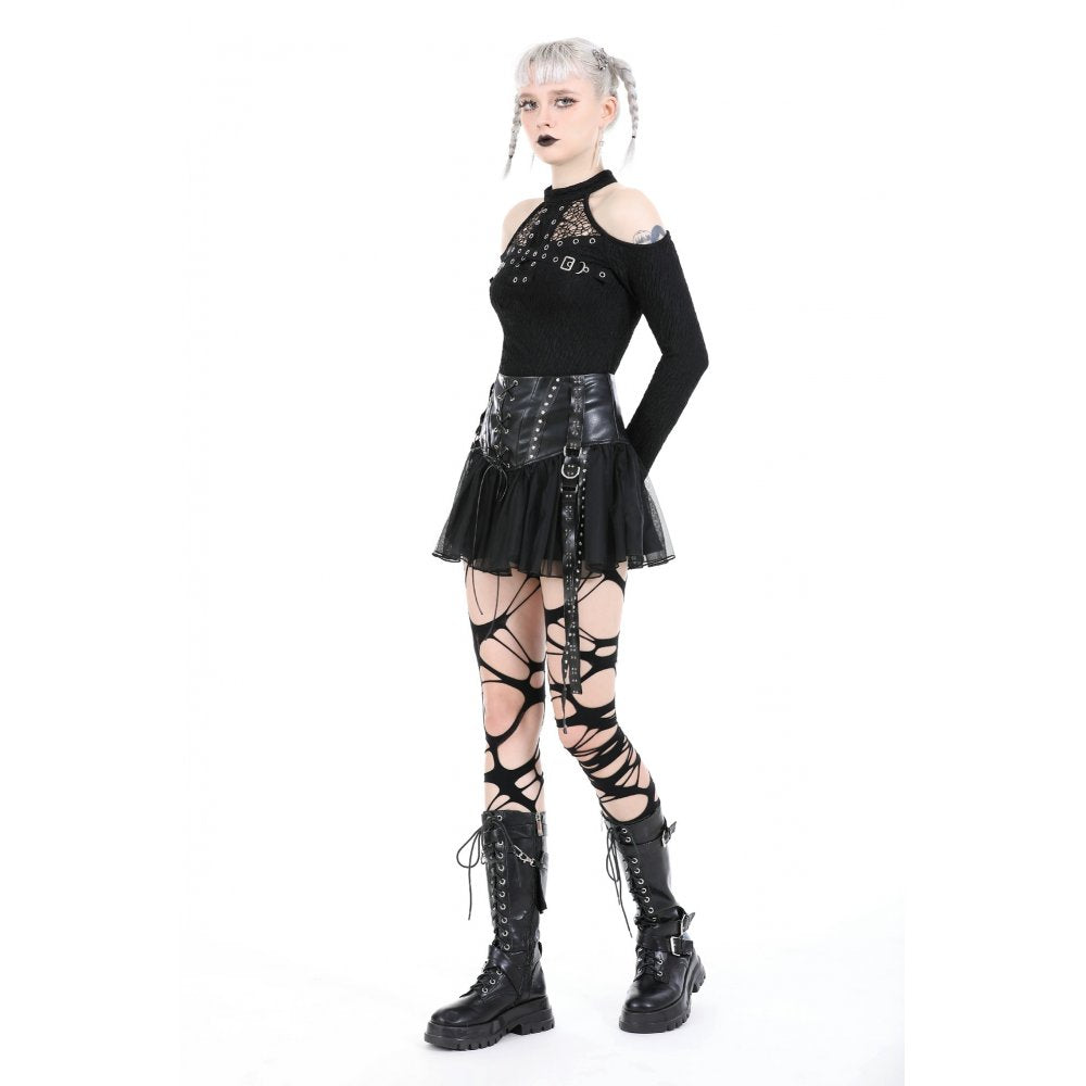 Rockiger Mini aus glänzendem PU-Leder mit Mesh-Volant, Schnürungen, Nieten und Lederstraps – sexy Club-Outfit mit edgy Design, ideal für Partylooks mit Statement Charakter. 