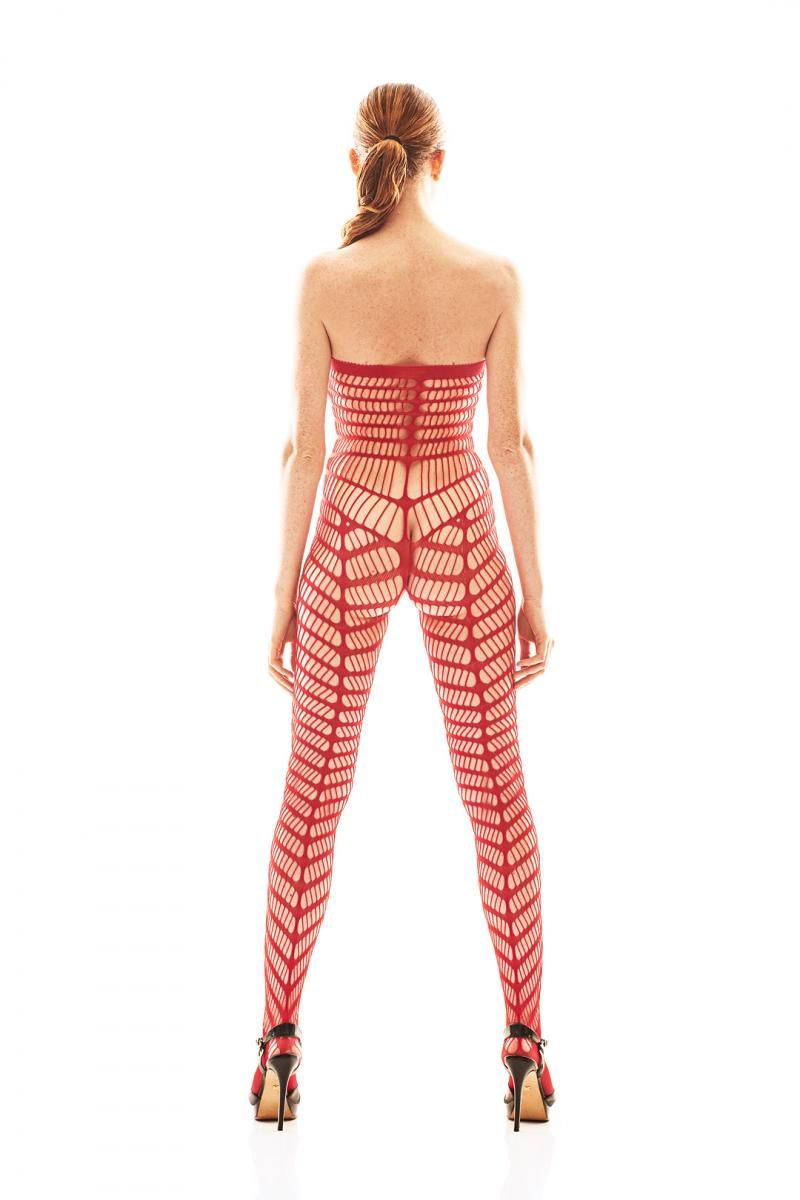 Rückseite des roten Netz-Catsuits von Anais Apparel
