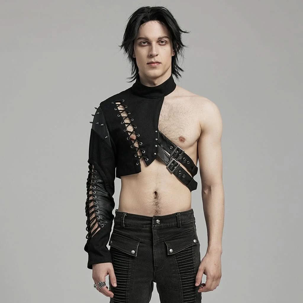 Schwarzes einarmiges Punk Harness für Herren mit Spikes und Schnürung, Vorderansicht