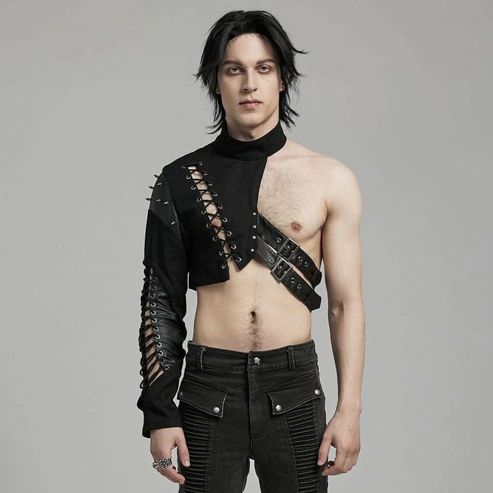 Schwarzes einarmiges Punk Harness für Herren mit Spikes und Schnürung, Vorderansicht
