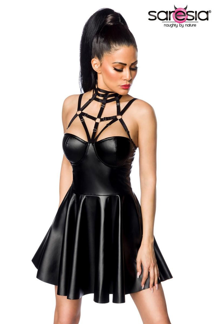 Figurbetontes schwarzes Wetlook-Kleid mit Bügel-Cups, verstellbaren Multistraps und schimmerndem Powerlastic-Stoff