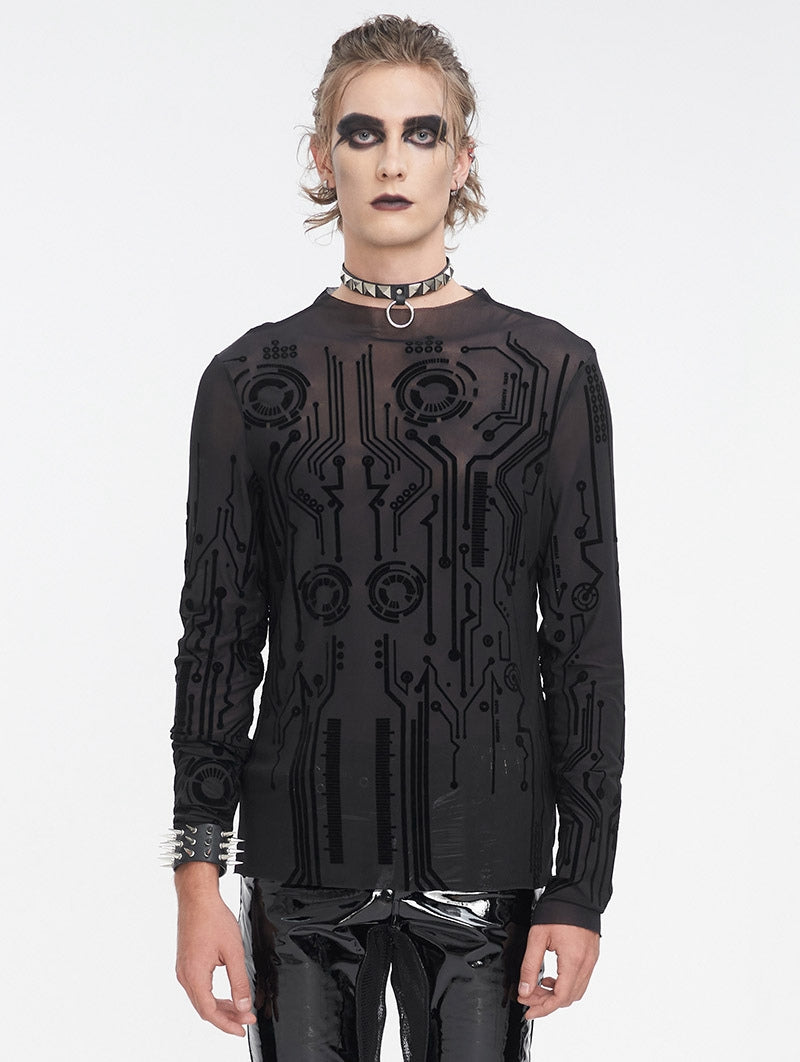 Black Gothic Cyberpunk Mesh Shirt – Herren Longsleeve mit Tech-Pattern.