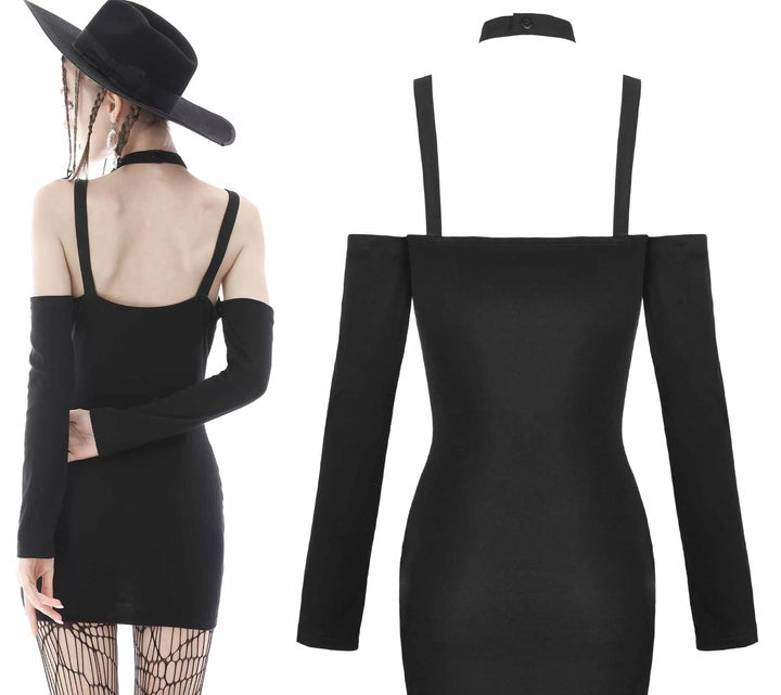 Rückenansicht des schwarzen Slim-Fit Mini-Kleids mit Trägern