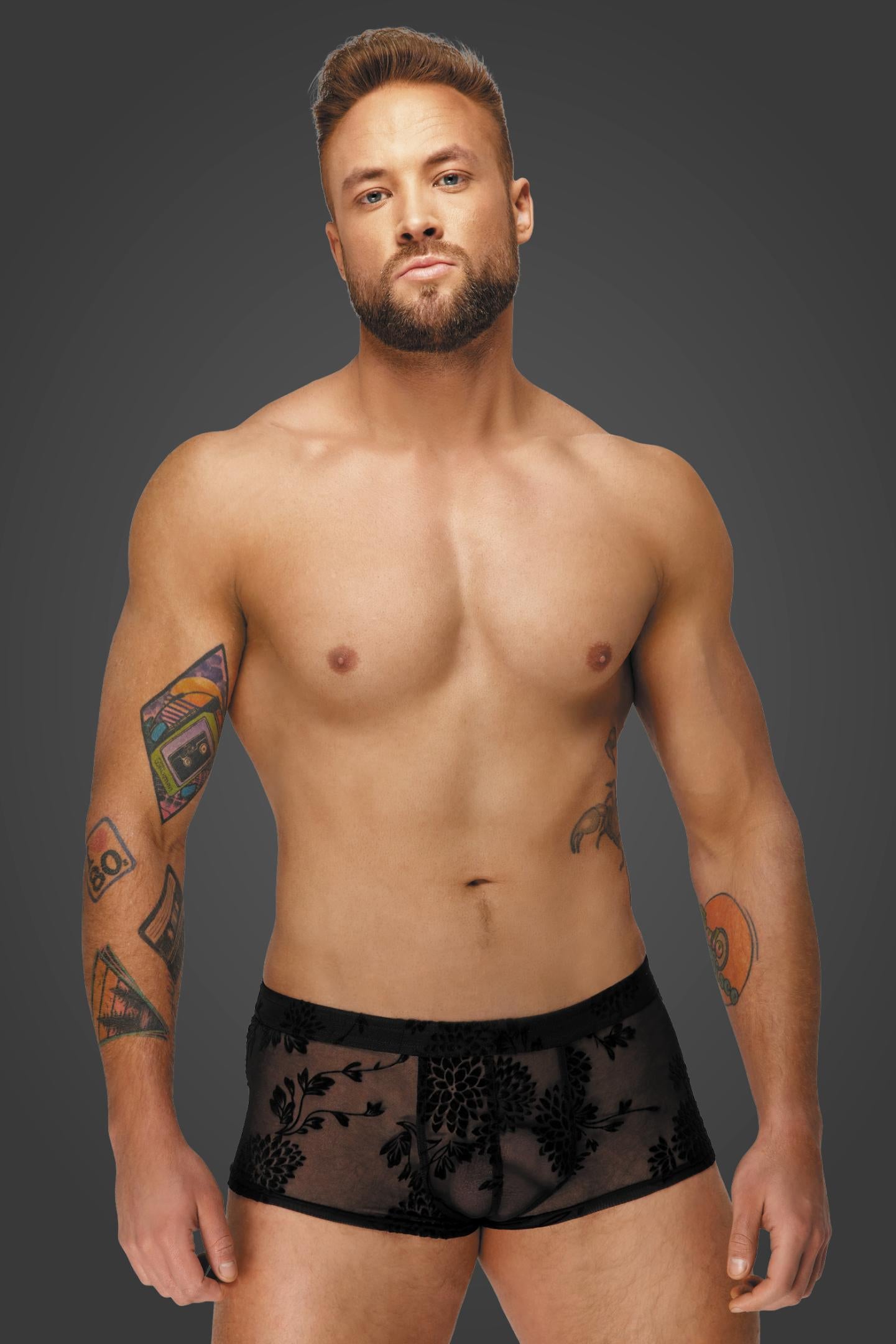 Fetish-inspirierte Herren-Shorts mit durchscheinendem Tüll und Flock-Design – ideal für Clubwear