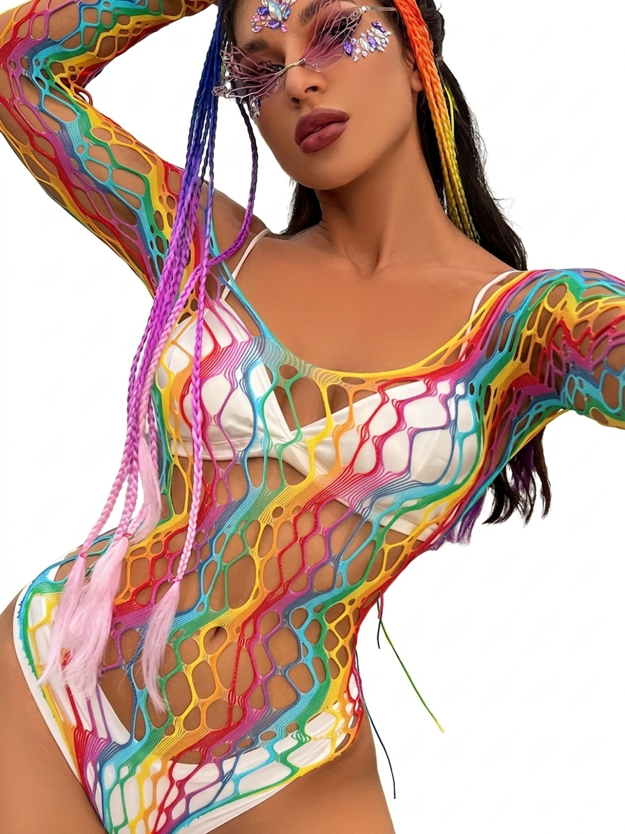 Detailansicht des mySecretKey Regenbogen-Bodysuits mit Fokus auf die elastische, weitmaschige Struktur des bunten Nylon-Gewebes in leuchtenden Neonfarben.