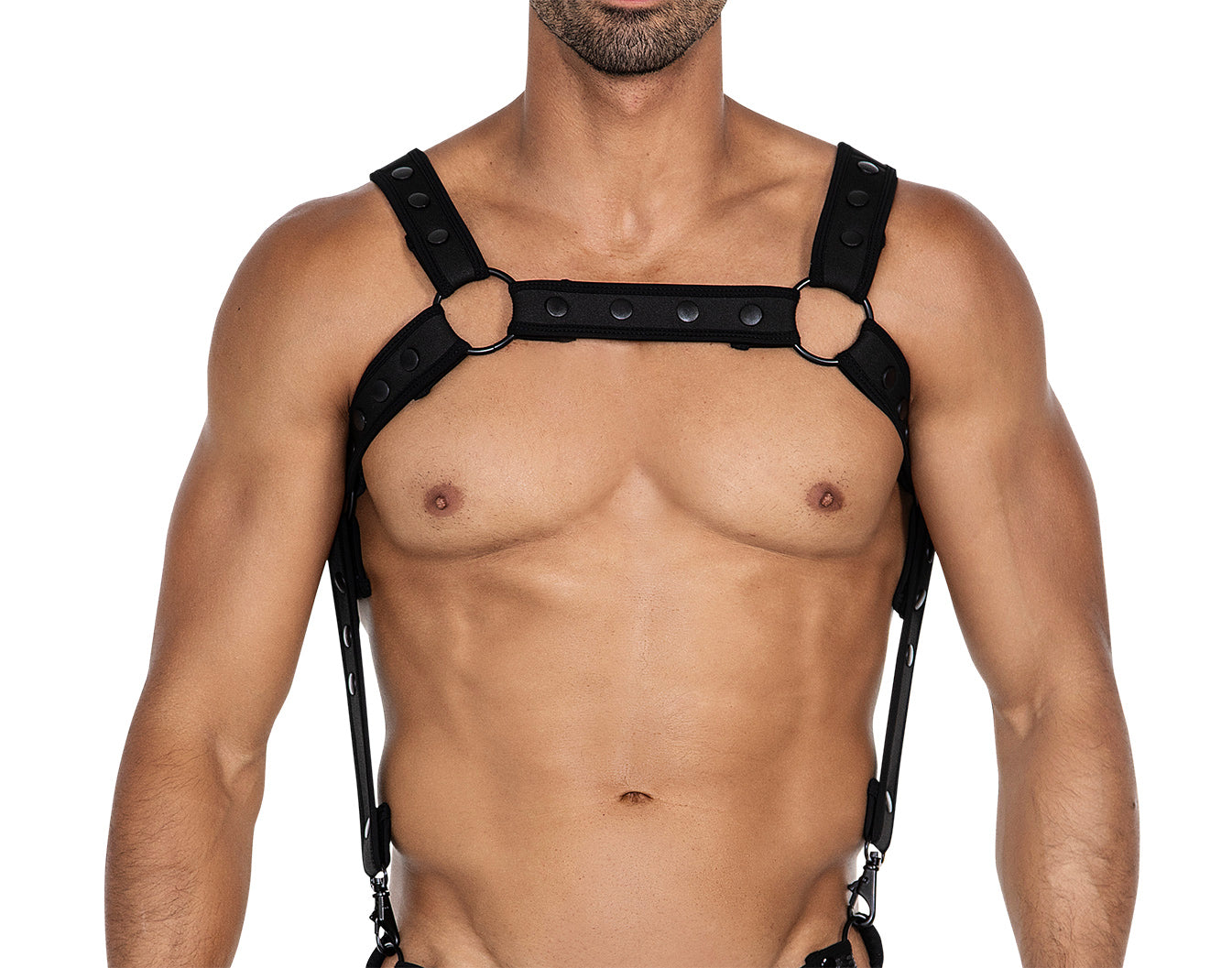 Vorderseite des Cut4Men Neopren Harness mit großen Metallringen