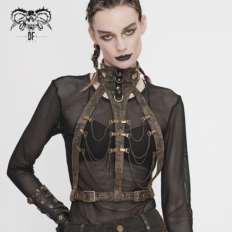 Brustfreies Steampunk Body Harness mit Bronzeketten und Choker