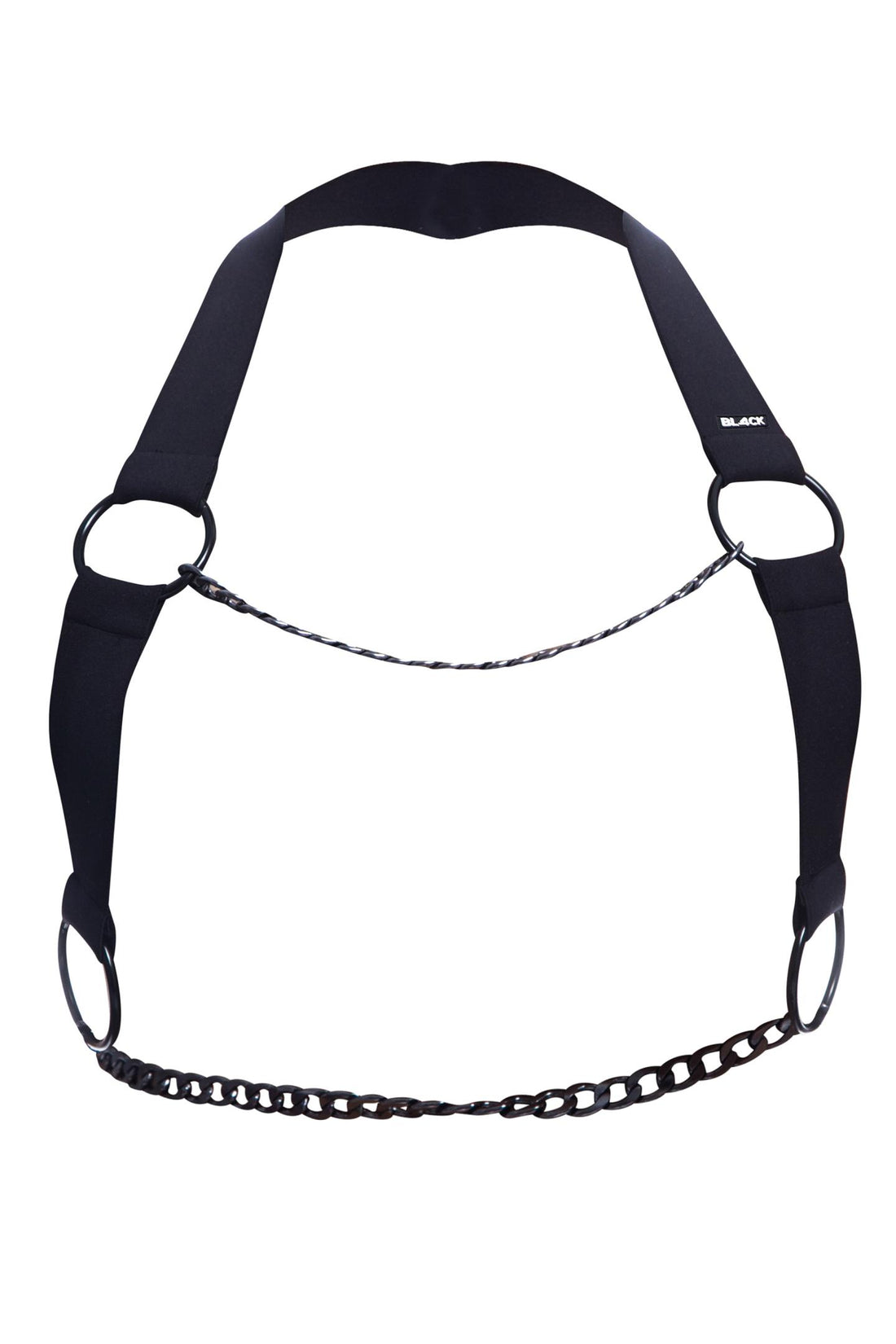 Detailaufnahme der schwarzen Kette und Metallringe am Hals