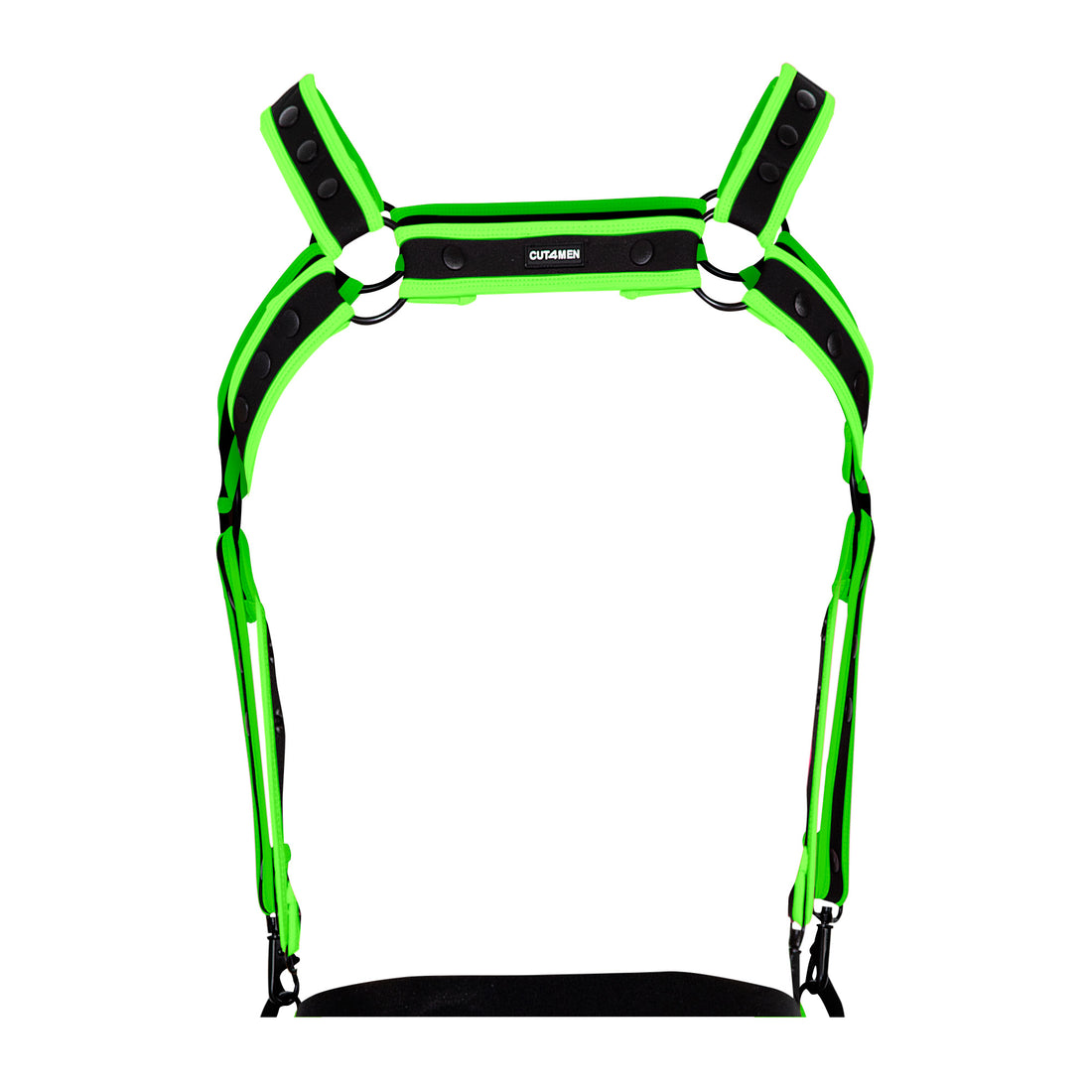 Komplettansicht Harness in Schwarz/Neongrün mit Metallringen und breiten Straps